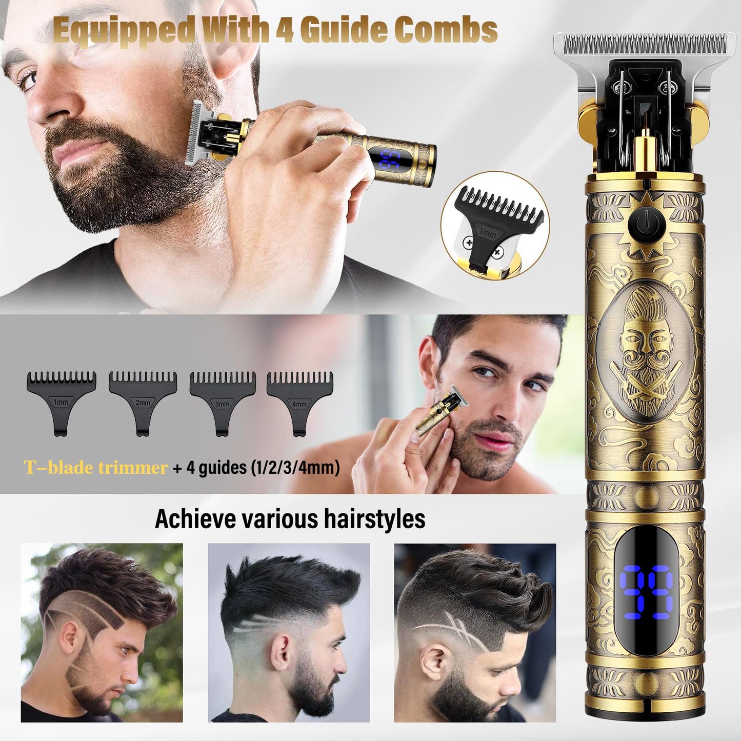AMULISS Professional Hair Trimmer Cordless T-Blade Beard Trimmer with USB Rechargeable Clipper Clear Bronze Design for Men's Shaver Set