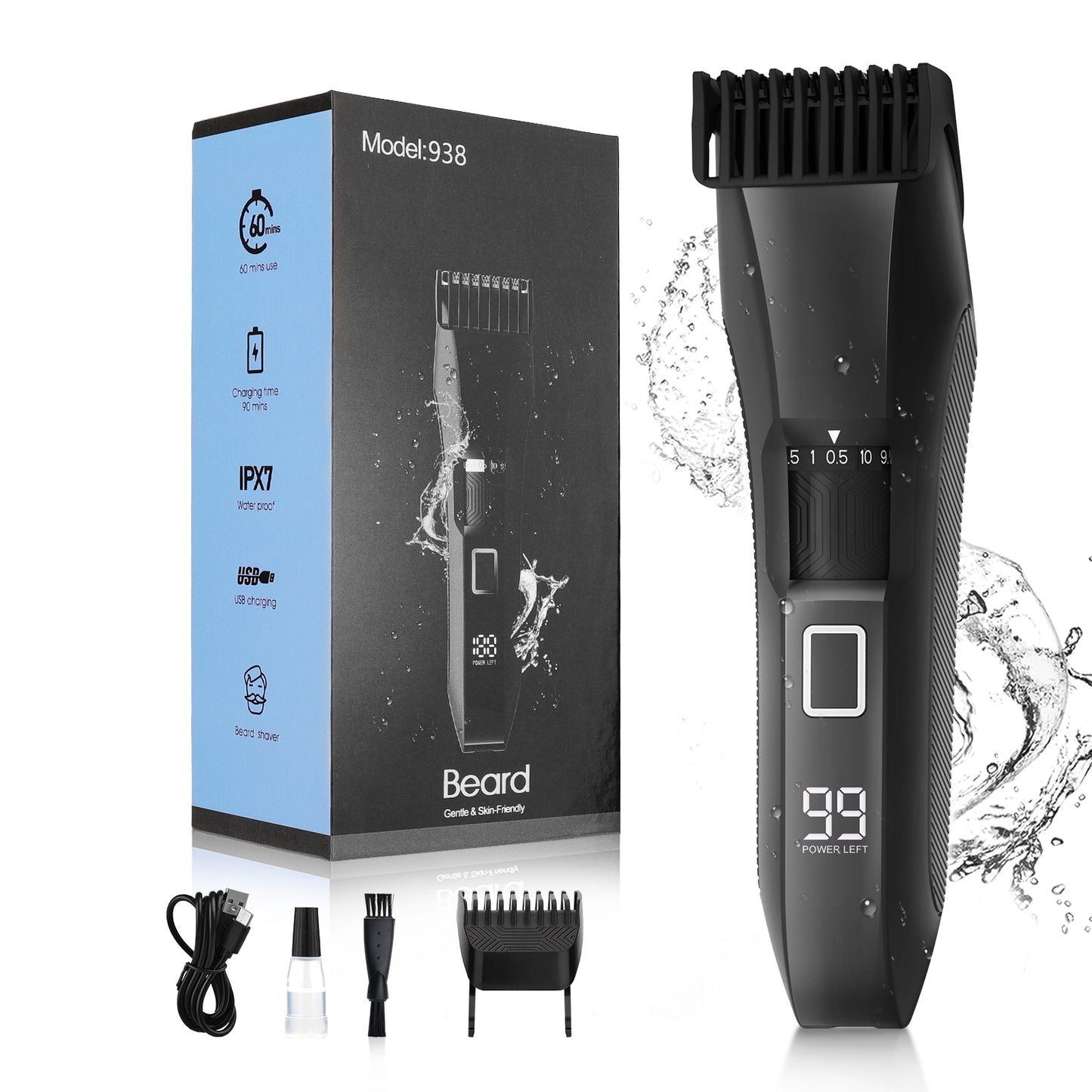 AMULISS Beard Trimmer for Men, 20 Length Adjustable, Cordless Waterproof Clippers, Stainless Steel T-Blade for Precision Facial Hair Trimming with 2 Guide Combs, Travel Lock, LED Display