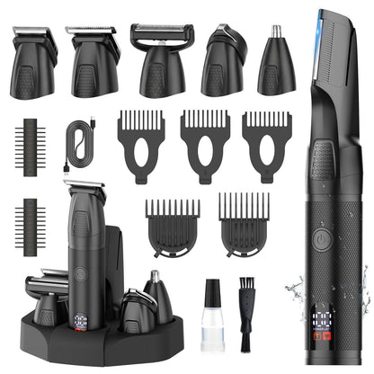 AMULISS Manscape Body & Beard Trimmer for Men, 6-in-1 Electric Razor Grooming Kit Men's Gift, Nose Hair Trimmer, Ball Pubic Groin Shaver No Nick, Waterproof, LED Display, Rechargeable, Type-C Dock Charging