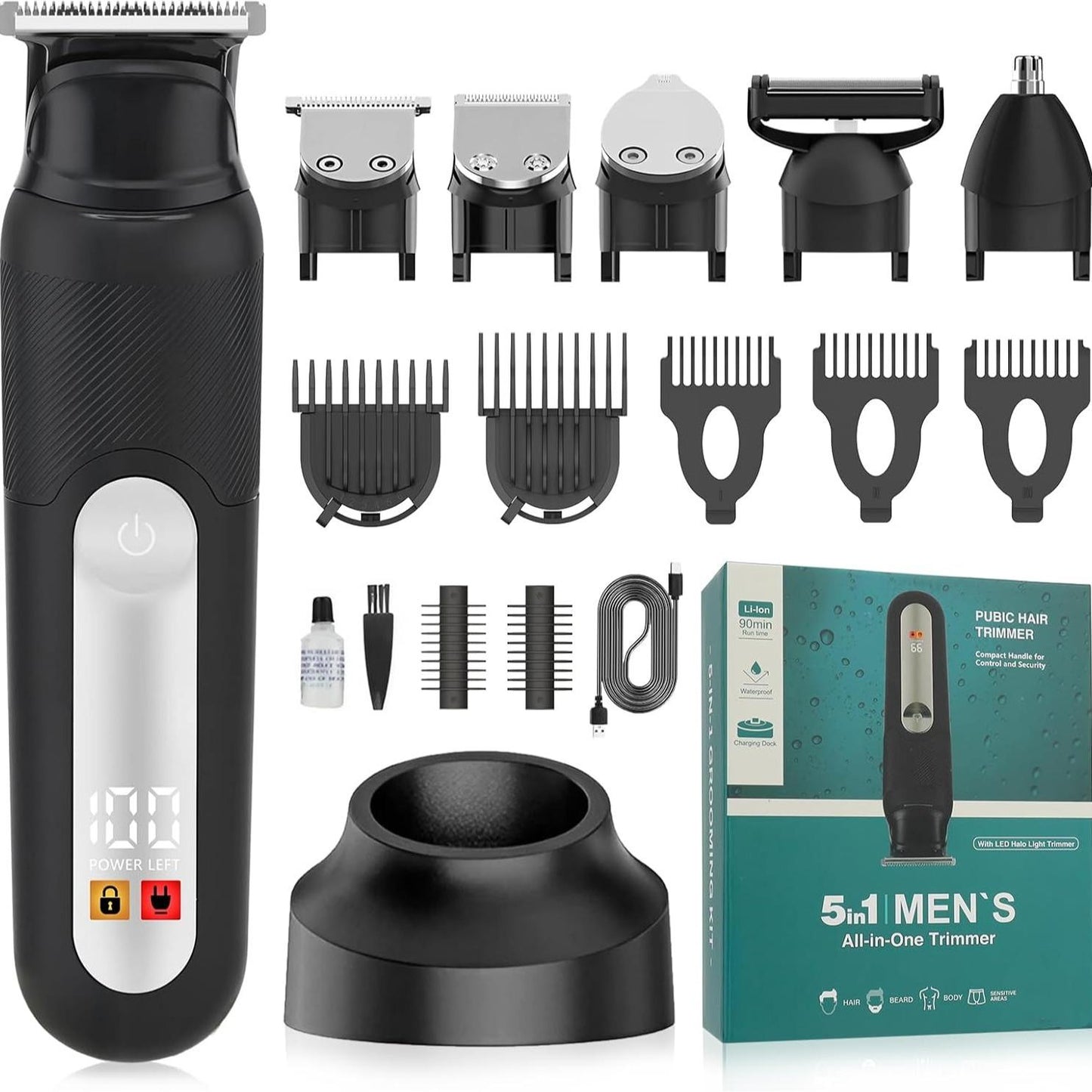 Electric 5-in-1 Body Hair Trimmer - Groin Trimmer for Men -Beard Trimmer for Men - Wet/Dry Shaver Groomer, Waterproof with LED Light, Gifts for Husband Father