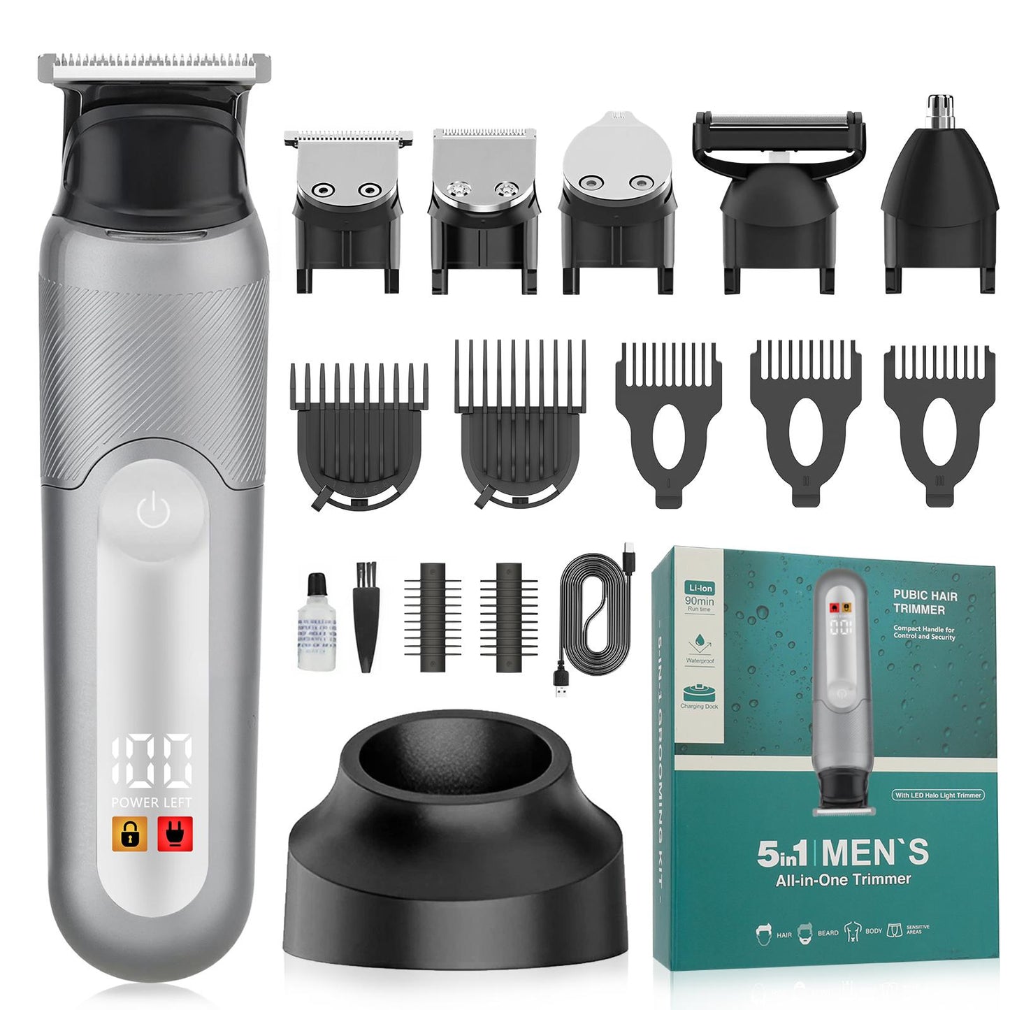 Electric 5-in-1 Body Hair Trimmer - Groin Trimmer for Men -Beard Trimmer for Men - Wet/Dry Shaver Groomer, Waterproof with LED Light, Gifts for Husband Father