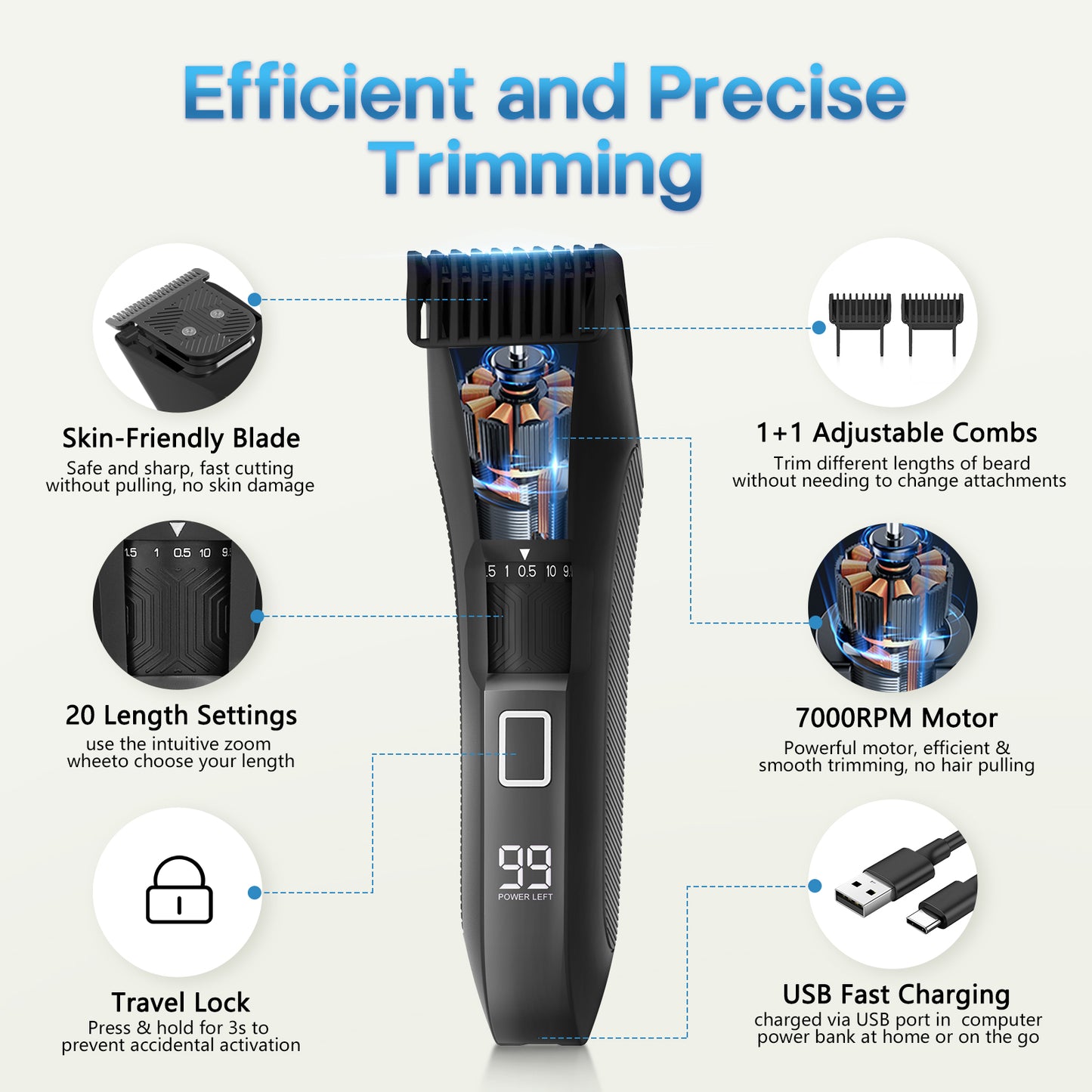 AMULISS Beard Trimmer for Men, 20 Length Adjustable, Cordless Waterproof Clippers, Stainless Steel T-Blade for Precision Facial Hair Trimming with 2 Guide Combs, Travel Lock, LED Display