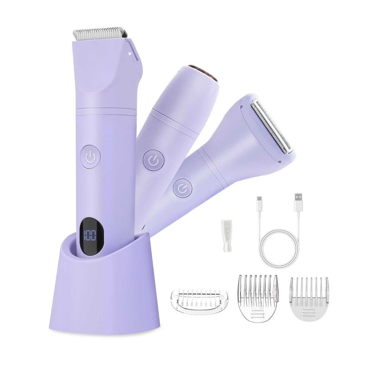 AMULISS 3-in-1 Bikini Trimmer for Women IPX7 Waterproof Electric Shaver Rechargeable Razor with LED Display Travel Kit & Painless Blades Purple