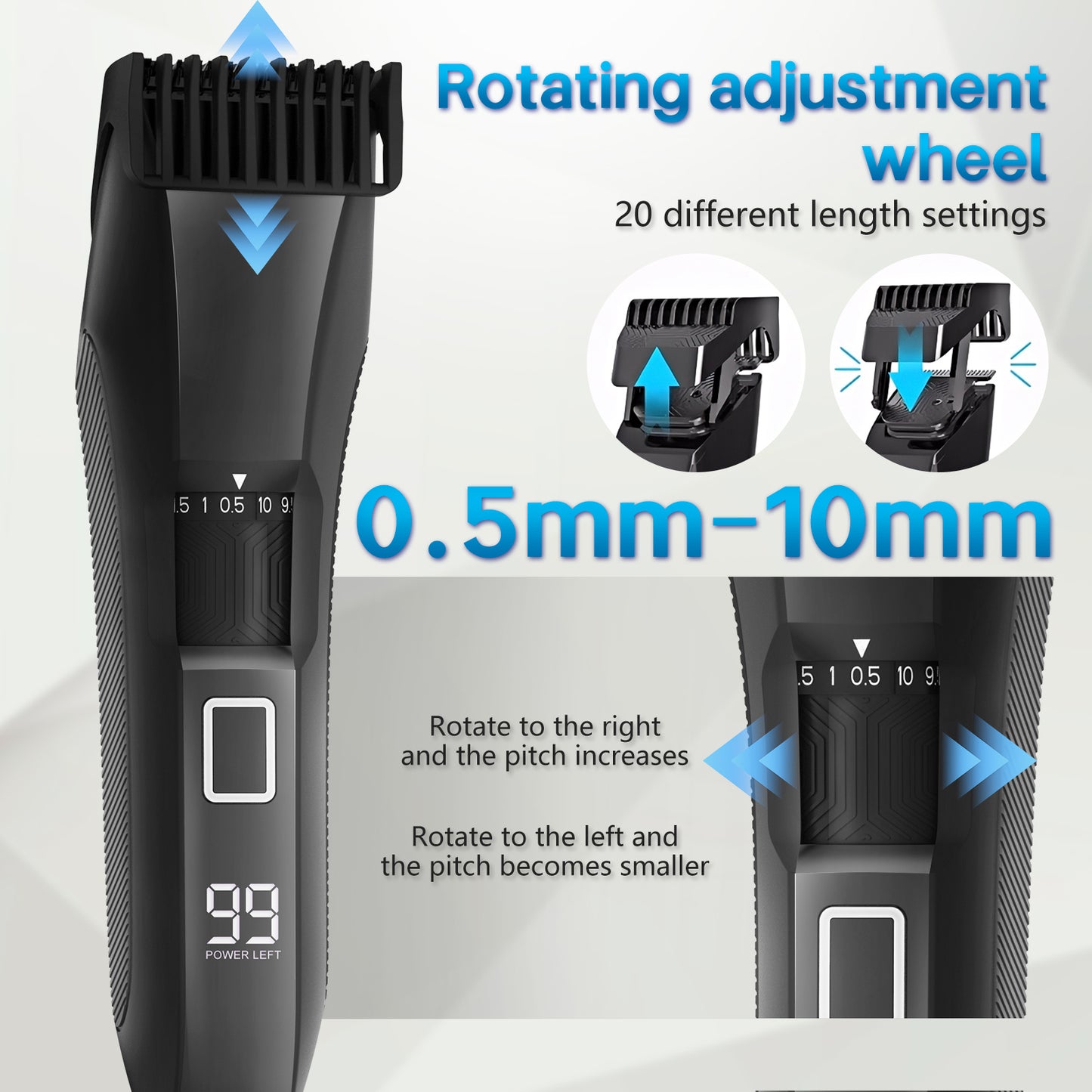 AMULISS Beard Trimmer for Men, 20 Length Adjustable, Cordless Waterproof Clippers, Stainless Steel T-Blade for Precision Facial Hair Trimming with 2 Guide Combs, Travel Lock, LED Display