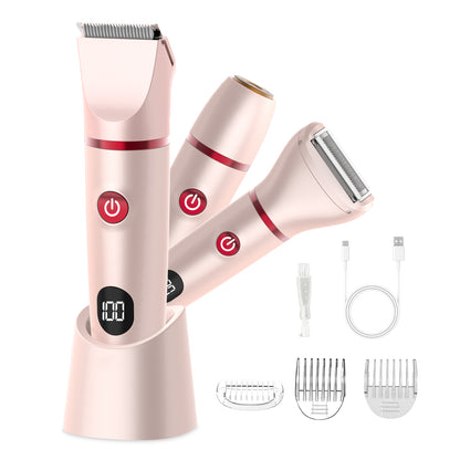 AMULISS 3-in-1 Bikini Trimmer for Women IPX7 Waterproof Electric Shaver Rechargeable Razor with LED Display Travel Kit & Painless Blades Purple