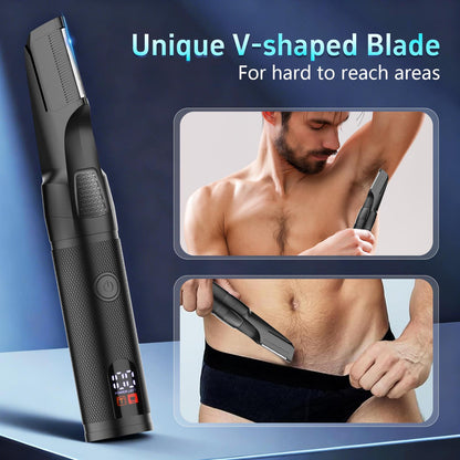 AMULISS Manscape Body & Beard Trimmer for Men, 6-in-1 Electric Razor Grooming Kit Men's Gift, Nose Hair Trimmer, Ball Pubic Groin Shaver No Nick, Waterproof, LED Display, Rechargeable, Type-C Dock Charging