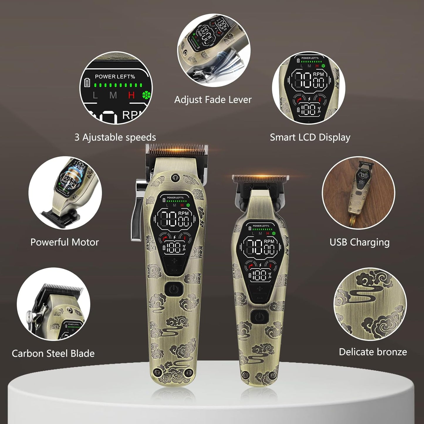 Hair Clippers for Men Professional, T-Blade Hair Trimmer for Men, Electric Shaver Razor, Beard Trimmer, 3 in 1 Cordless Barber Clippers and Trimmers Set, Haircutting Kit LCD Display (Bronze)