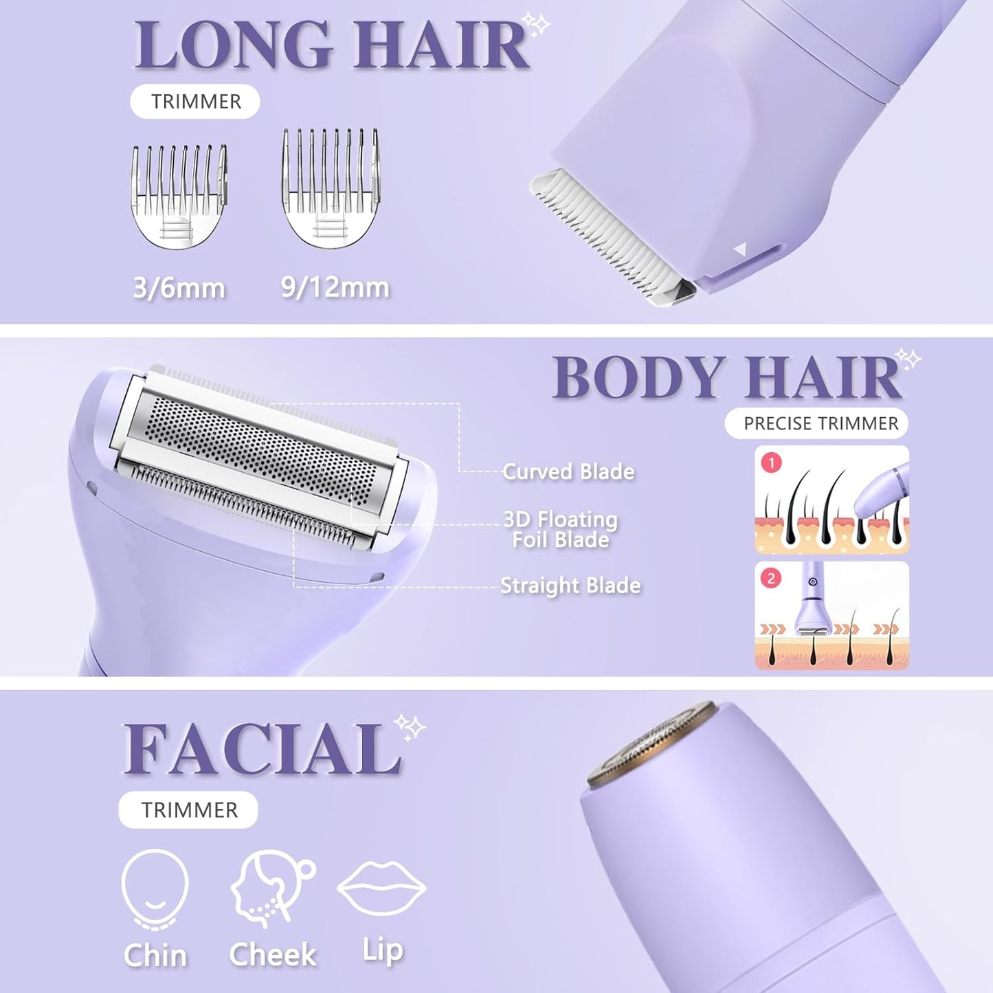 AMULISS 3-in-1 Bikini Trimmer for Women IPX7 Waterproof Electric Shaver Rechargeable Razor with LED Display Travel Kit & Painless Blades Purple