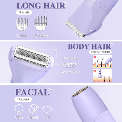 AMULISS 3-in-1 Bikini Trimmer for Women IPX7 Waterproof Electric Shaver Rechargeable Razor with LED Display Travel Kit & Painless Blades Purple