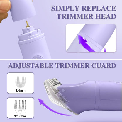 AMULISS 3-in-1 Bikini Trimmer for Women IPX7 Waterproof Electric Shaver Rechargeable Razor with LED Display Travel Kit & Painless Blades Purple