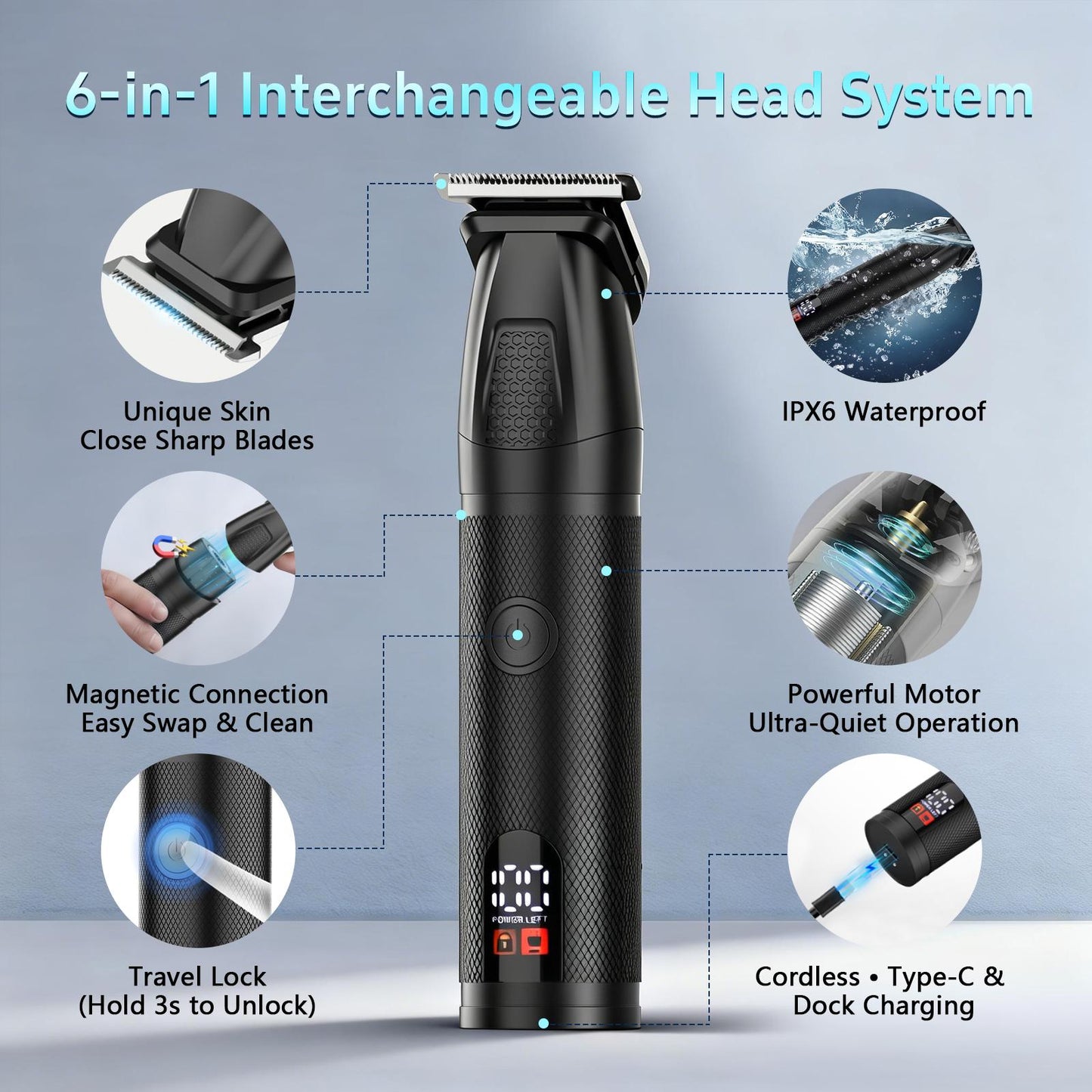 AMULISS Manscape Body & Beard Trimmer for Men, 6-in-1 Electric Razor Grooming Kit Men's Gift, Nose Hair Trimmer, Ball Pubic Groin Shaver No Nick, Waterproof, LED Display, Rechargeable, Type-C Dock Charging
