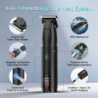 AMULISS Manscape Body & Beard Trimmer for Men, 6-in-1 Electric Razor Grooming Kit Men's Gift, Nose Hair Trimmer, Ball Pubic Groin Shaver No Nick, Waterproof, LED Display, Rechargeable, Type-C Dock Charging