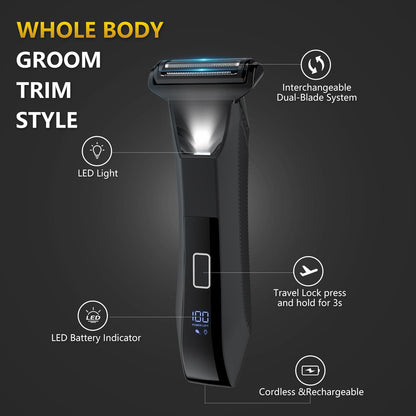 2-in-1 Manscape Professional Body Trimmer for Men, Groin, Pubic & Ball Hair Shaver No-Nick, Nose Hair Trimmer, Body Groomer for Smooth Shaving, Lightweight with Travel Lock, LED Display, IPX7 Waterproof