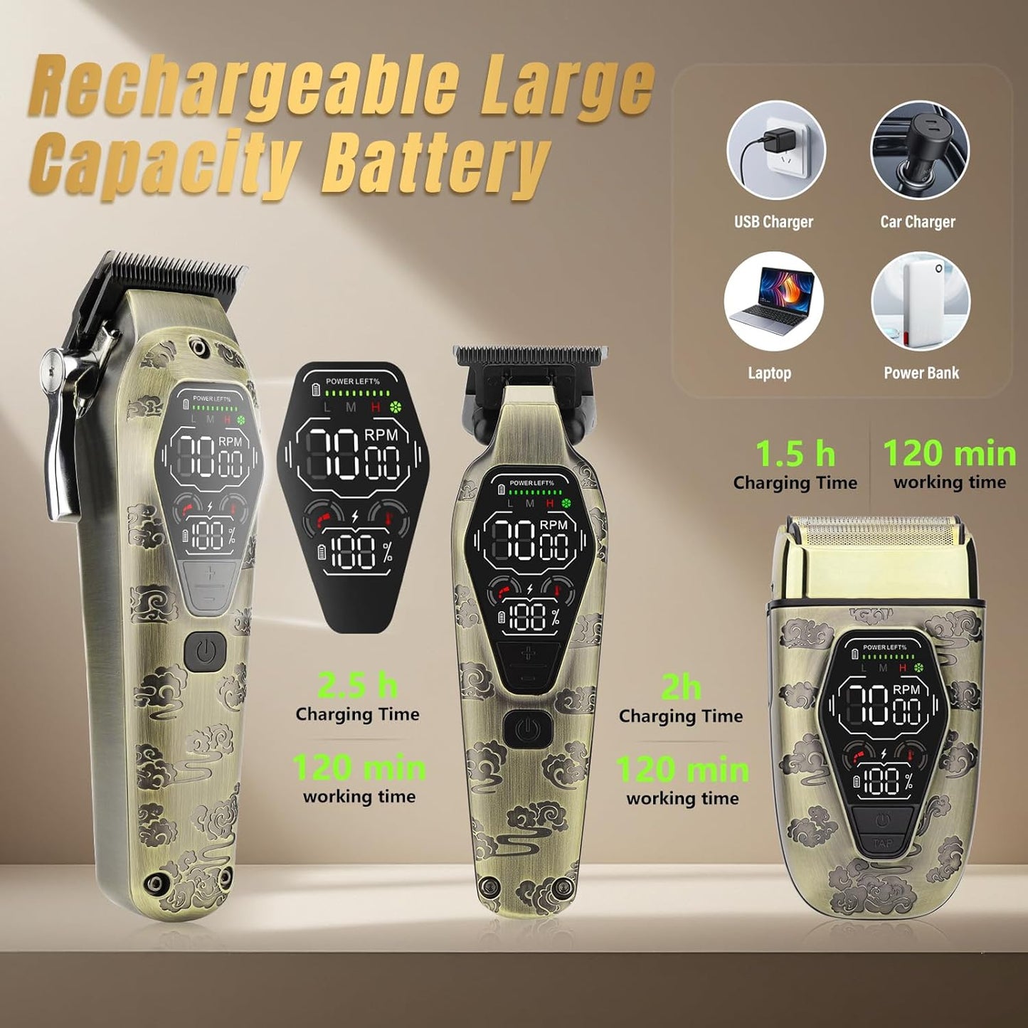 Hair Clippers for Men Professional, T-Blade Hair Trimmer for Men, Electric Shaver Razor, Beard Trimmer, 3 in 1 Cordless Barber Clippers and Trimmers Set, Haircutting Kit LCD Display (Bronze)