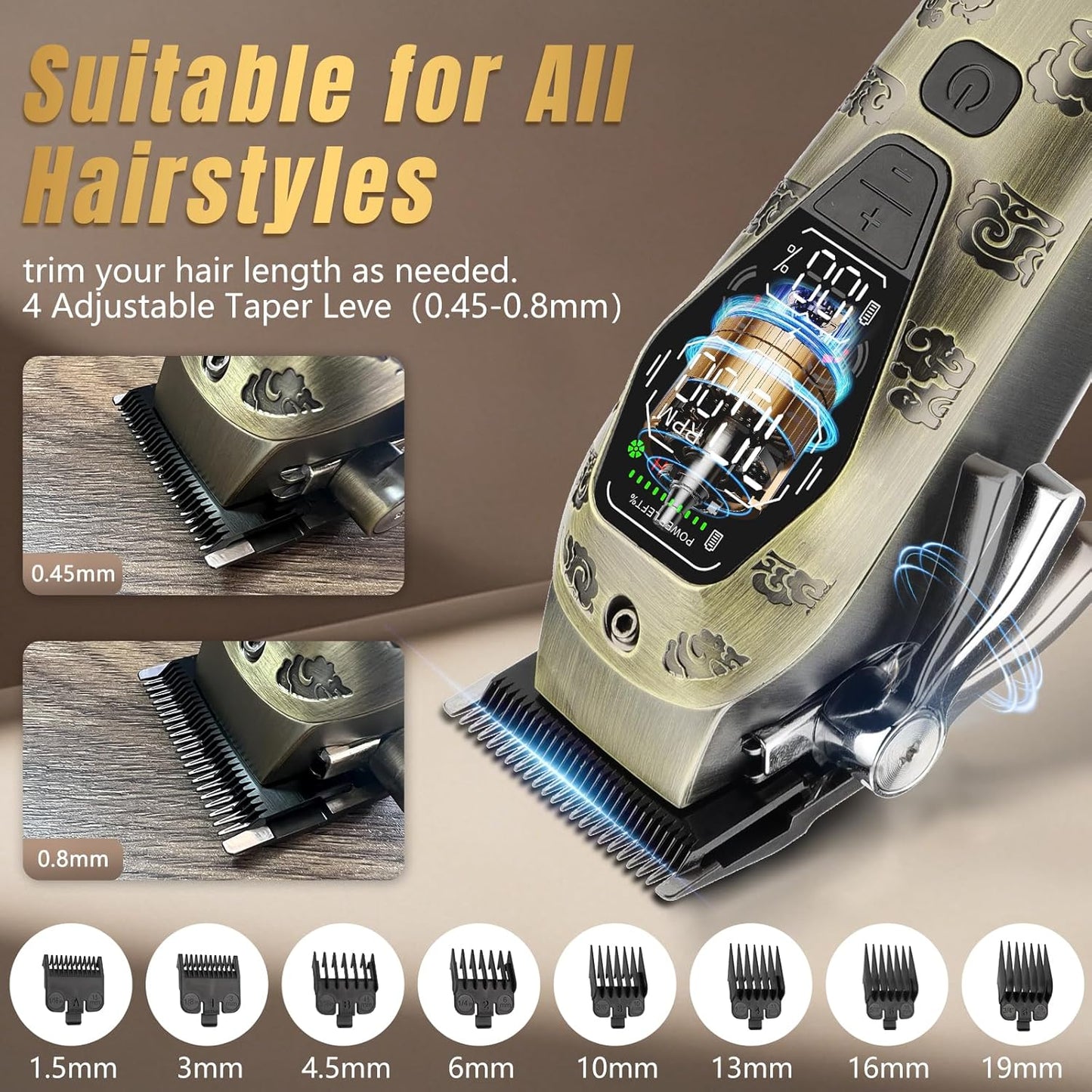 Hair Clippers for Men Professional, T-Blade Hair Trimmer for Men, Electric Shaver Razor, Beard Trimmer, 3 in 1 Cordless Barber Clippers and Trimmers Set, Haircutting Kit LCD Display (Bronze)