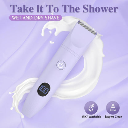 AMULISS 3-in-1 Bikini Trimmer for Women IPX7 Waterproof Electric Shaver Rechargeable Razor with LED Display Travel Kit & Painless Blades Purple