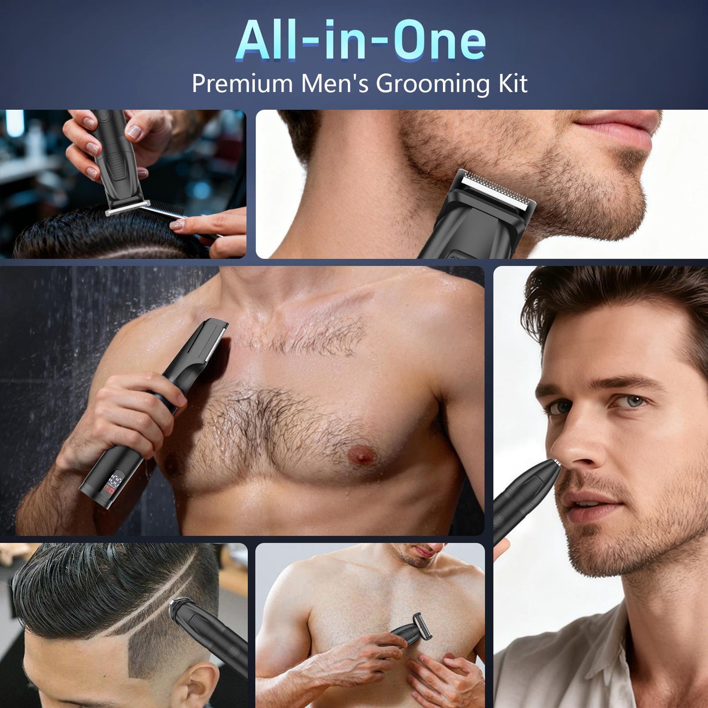 AMULISS Manscape Body & Beard Trimmer for Men, 6-in-1 Electric Razor Grooming Kit Men's Gift, Nose Hair Trimmer, Ball Pubic Groin Shaver No Nick, Waterproof, LED Display, Rechargeable, Type-C Dock Charging