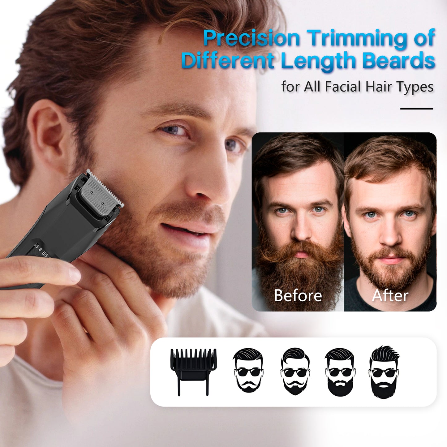 AMULISS Beard Trimmer for Men, 20 Length Adjustable, Cordless Waterproof Clippers, Stainless Steel T-Blade for Precision Facial Hair Trimming with 2 Guide Combs, Travel Lock, LED Display