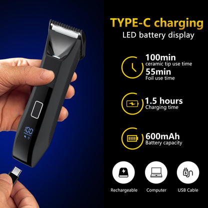 2-in-1 Manscape Professional Body Trimmer for Men, Groin, Pubic & Ball Hair Shaver No-Nick, Nose Hair Trimmer, Body Groomer for Smooth Shaving, Lightweight with Travel Lock, LED Display, IPX7 Waterproof