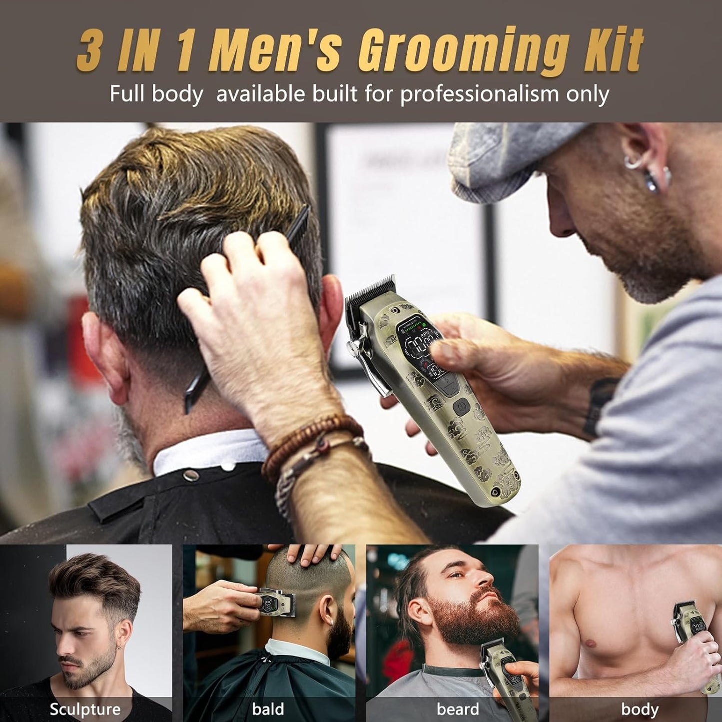 Hair Clippers for Men Professional, T-Blade Hair Trimmer for Men, Electric Shaver Razor, Beard Trimmer, 3 in 1 Cordless Barber Clippers and Trimmers Set, Haircutting Kit LCD Display (Bronze)