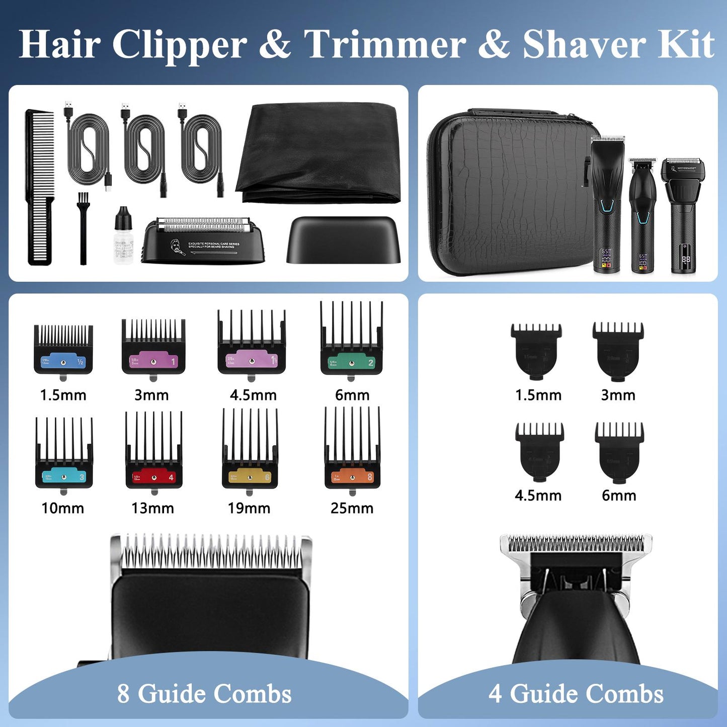 Professional Hair Clippers & Trimmer & Foil Shaver Kit Cordless Mens Beard Trimmer Set for Hair Cutting Family Barber with 8 Guides and Case