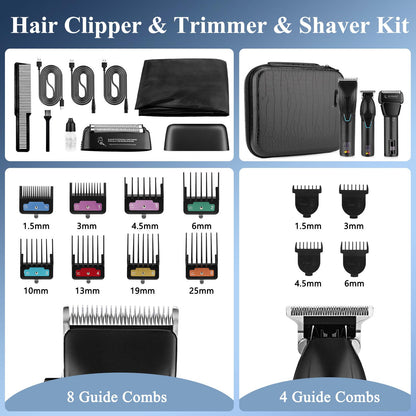 Professional Hair Clippers & Trimmer & Foil Shaver Kit Cordless Mens Beard Trimmer Set for Hair Cutting Family Barber with 8 Guides and Case