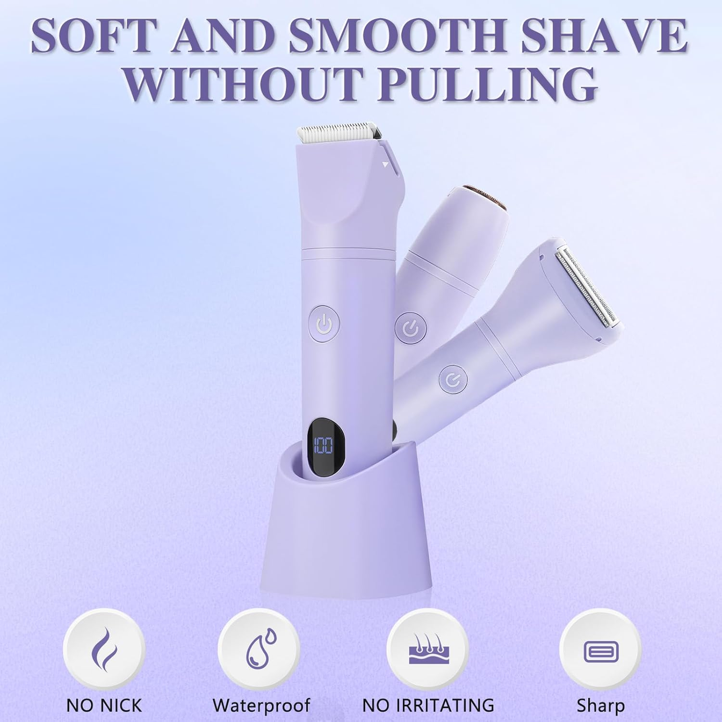 AMULISS 3-in-1 Bikini Trimmer for Women IPX7 Waterproof Electric Shaver Rechargeable Razor with LED Display Travel Kit & Painless Blades Purple