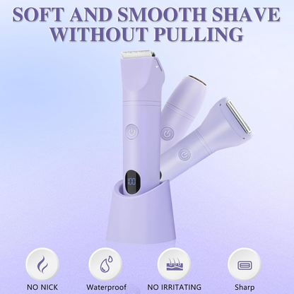 AMULISS 3-in-1 Bikini Trimmer for Women IPX7 Waterproof Electric Shaver Rechargeable Razor with LED Display Travel Kit & Painless Blades Purple