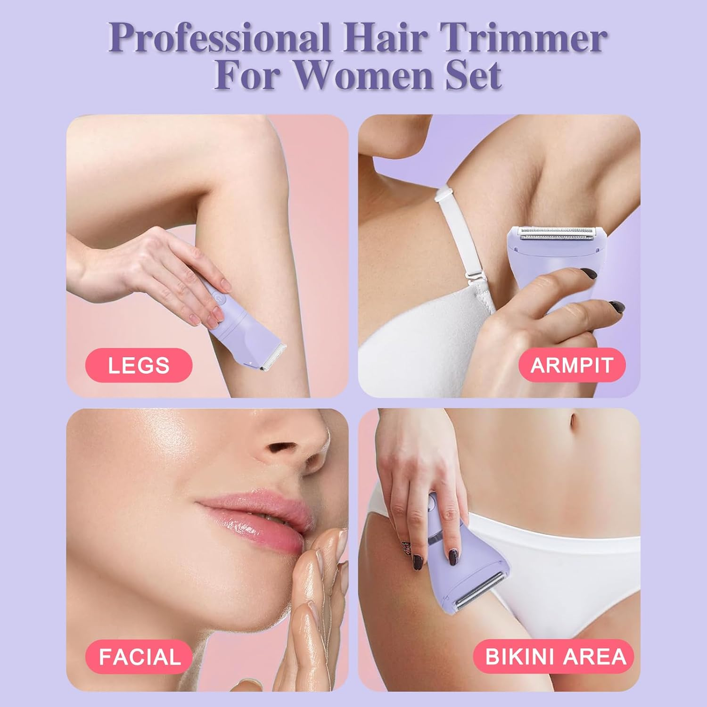 AMULISS 3-in-1 Bikini Trimmer for Women IPX7 Waterproof Electric Shaver Rechargeable Razor with LED Display Travel Kit & Painless Blades Purple
