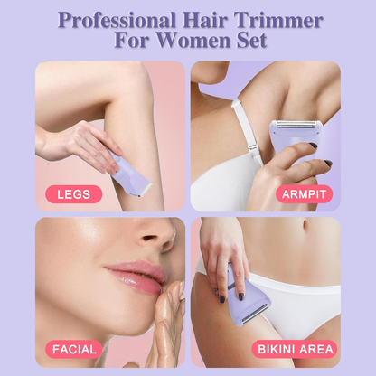 AMULISS 3-in-1 Bikini Trimmer for Women IPX7 Waterproof Electric Shaver Rechargeable Razor with LED Display Travel Kit & Painless Blades Purple