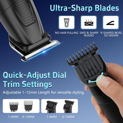 AMULISS Manscape Body & Beard Trimmer for Men, 6-in-1 Electric Razor Grooming Kit Men's Gift, Nose Hair Trimmer, Ball Pubic Groin Shaver No Nick, Waterproof, LED Display, Rechargeable, Type-C Dock Charging