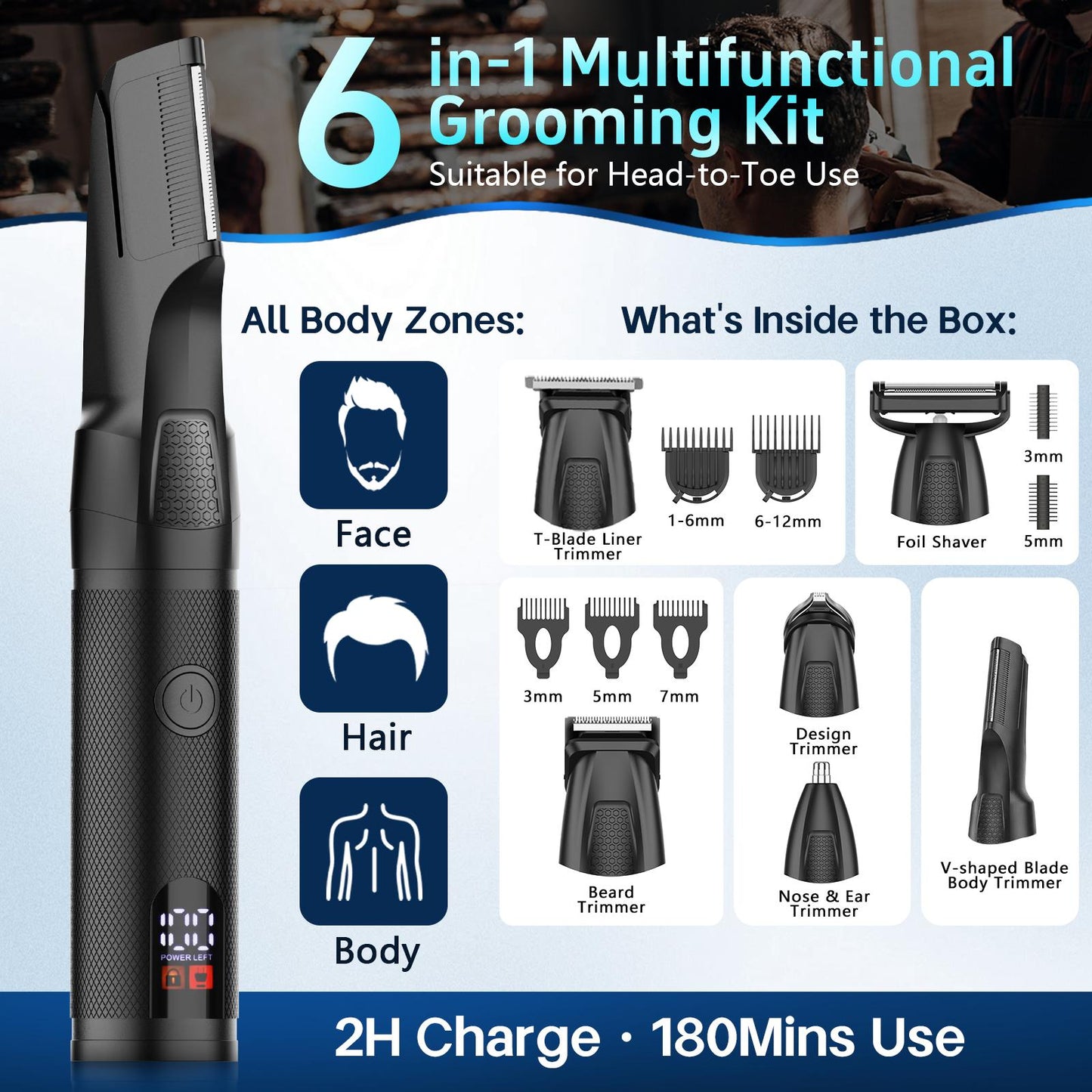 AMULISS Manscape Body & Beard Trimmer for Men, 6-in-1 Electric Razor Grooming Kit Men's Gift, Nose Hair Trimmer, Ball Pubic Groin Shaver No Nick, Waterproof, LED Display, Rechargeable, Type-C Dock Charging