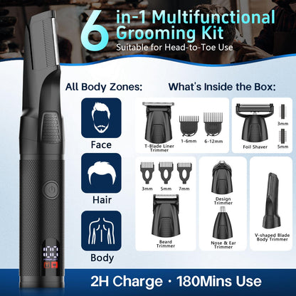AMULISS Manscape Body & Beard Trimmer for Men, 6-in-1 Electric Razor Grooming Kit Men's Gift, Nose Hair Trimmer, Ball Pubic Groin Shaver No Nick, Waterproof, LED Display, Rechargeable, Type-C Dock Charging