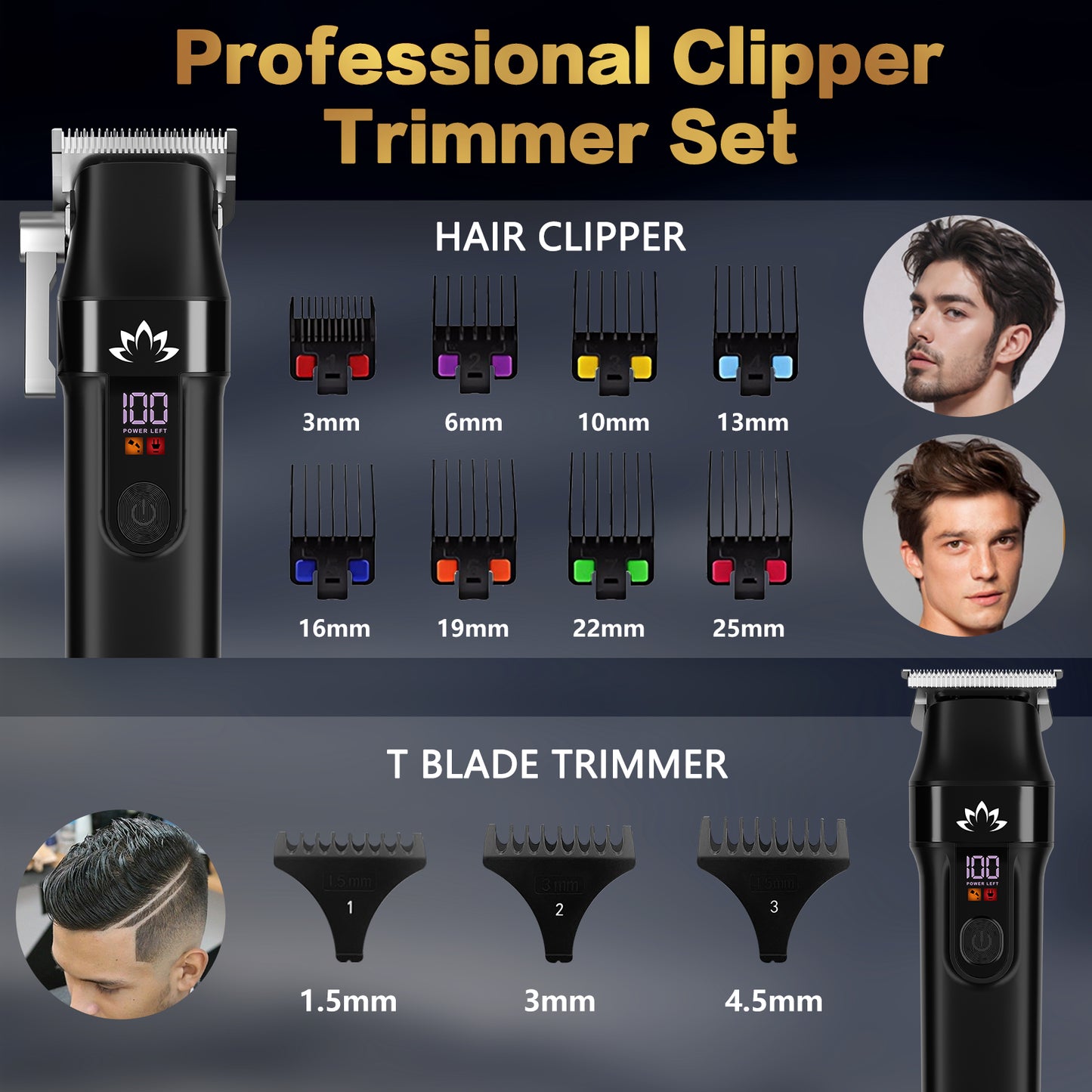 AMULISS Professional Hair Clippers and Trimmer Set for Men - Cordless Haircut Kit with LED Display, Zero-Gap T-Blade Mens Grooming Beard Trimmer for Family & Barber Use